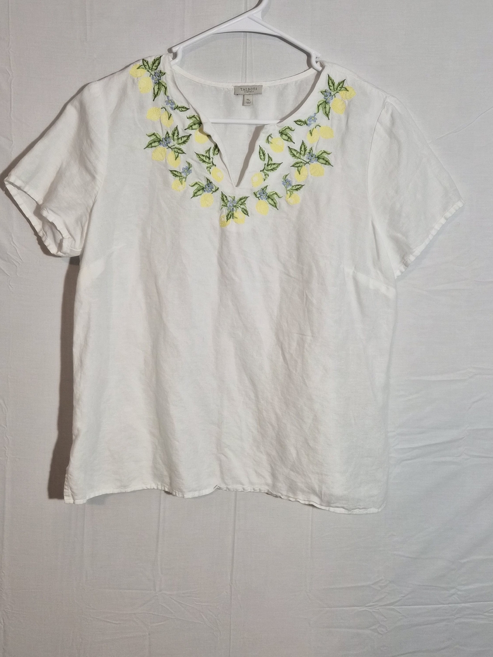 Women’s Talbots Petite White Linen Lemon Embroidered Blouse Medium